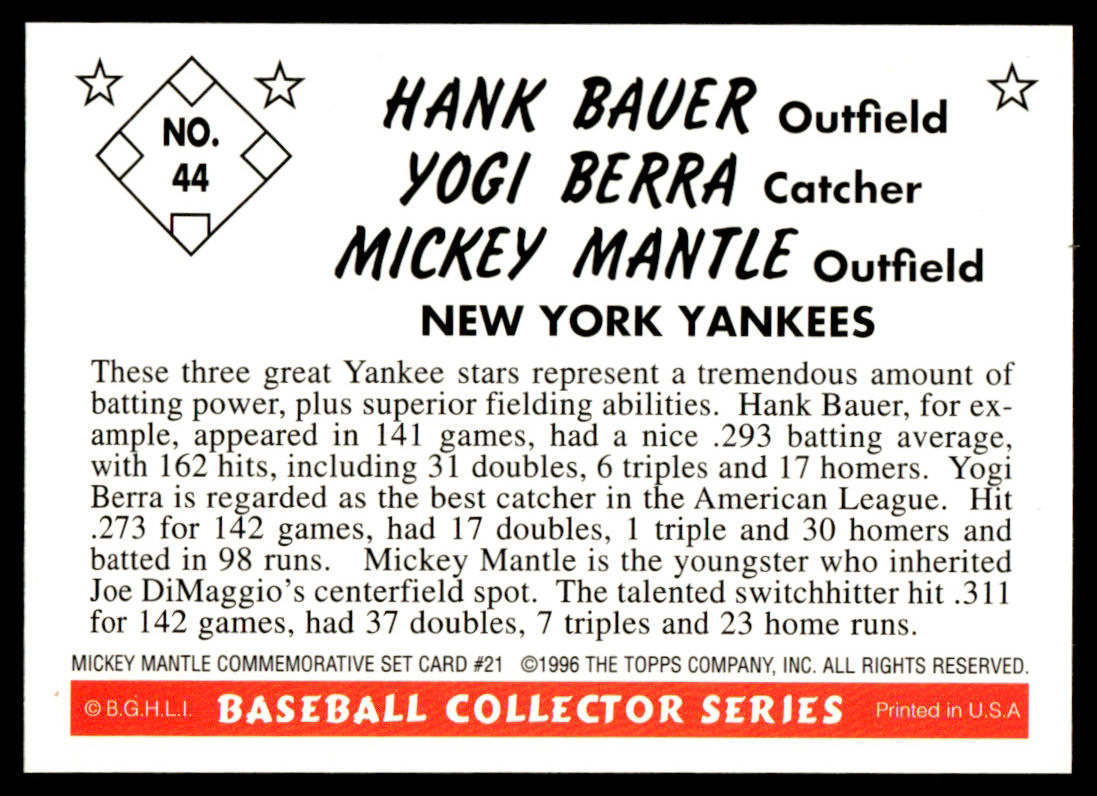 1997 Topps Baseball Mickey Mantle Reprints #21 - Bauer/Berra/Mantle