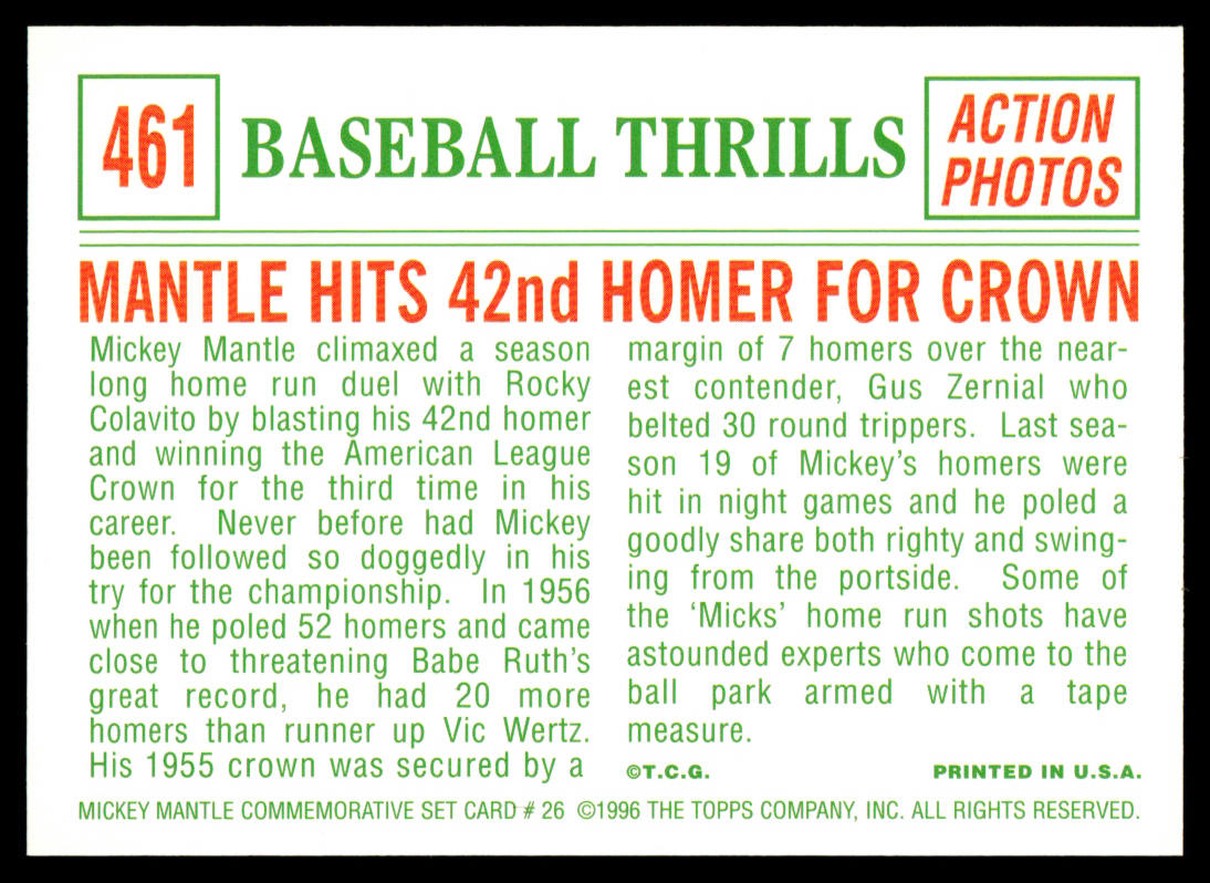 1997 Topps Baseball Mickey Mantle Reprints #26 - Mantle Hits 42nd Homer