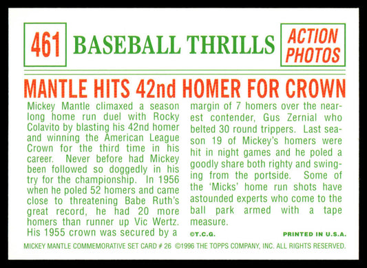 1997 Topps Baseball Mickey Mantle Reprints #26 - Mantle Hits 42nd Homer