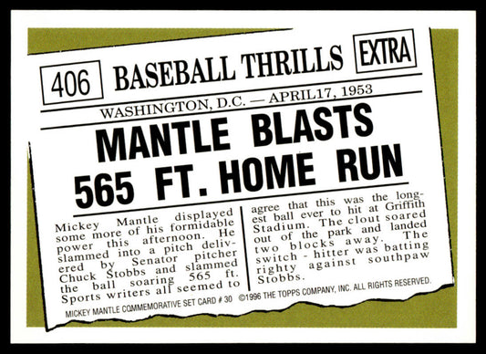 1997 Topps Baseball Mickey Mantle Reprints #30 - Mantle Blasts 565 ft. HR