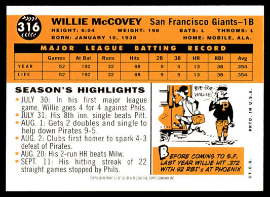 2001 Topps Baseball Through the Years Reprints #11 - Willie McCovey