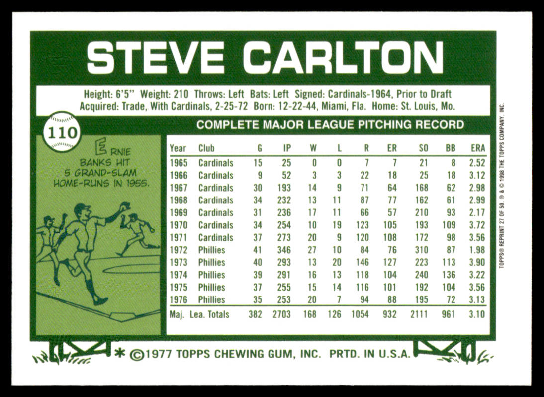 2001 Topps Baseball Through the Years Reprints #27 - Steve Carlton