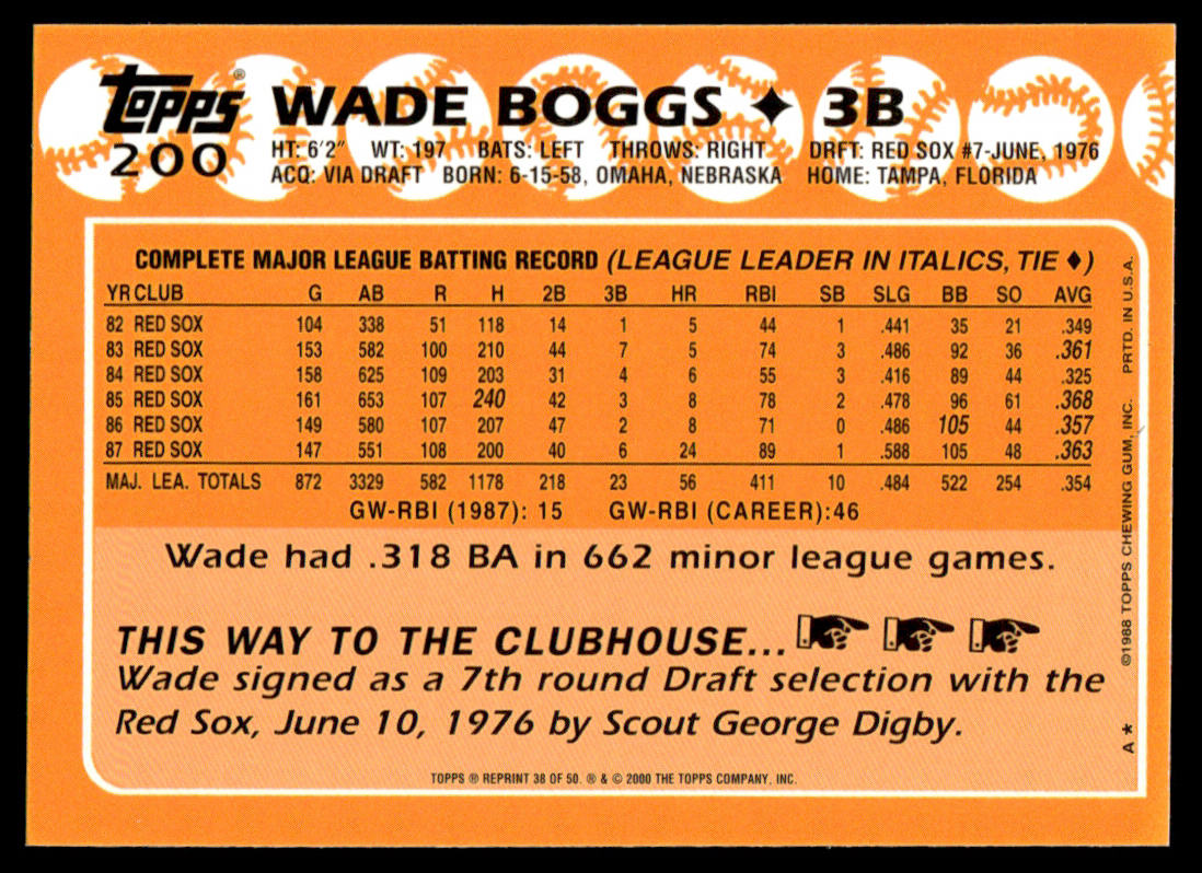 2001 Topps Baseball Through the Years Reprints #38 - Wade Boggs