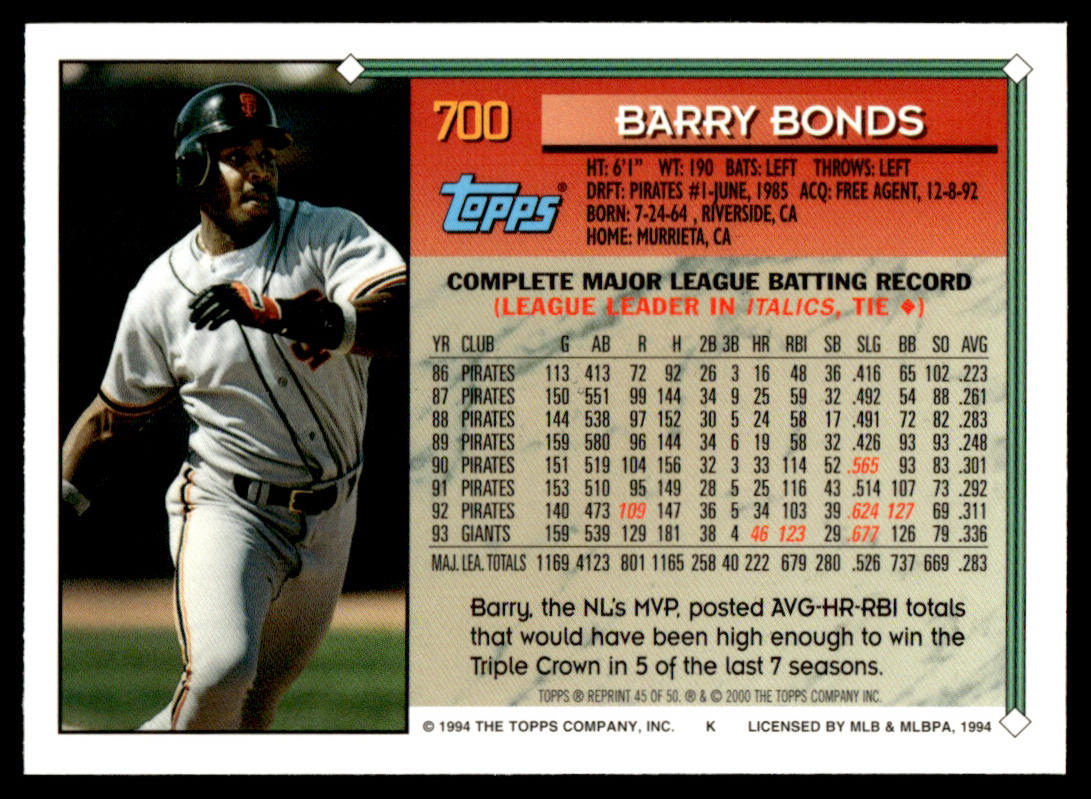 2001 Topps Baseball Through the Years Reprints #45 - Barry Bonds
