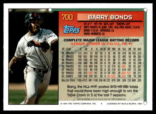 2001 Topps Baseball Through the Years Reprints #45 - Barry Bonds