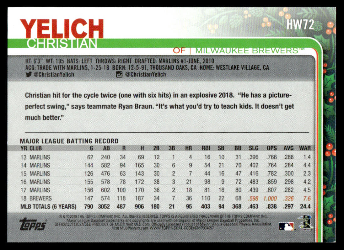 2019 Topps Holiday Baseball #HW72 - Christian Yelich