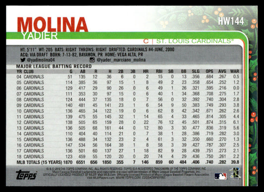 2019 Topps Holiday Baseball #HW144 - Yadier Molina