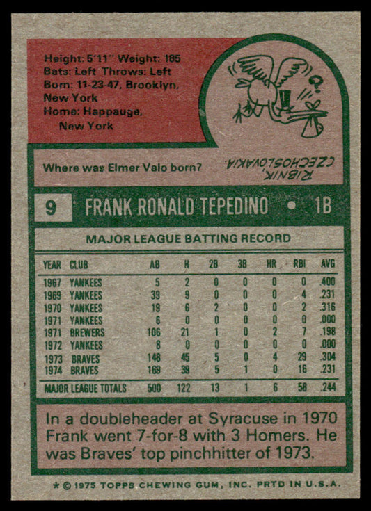 1975 Topps Baseball #9 - Frank Tepedino - NM