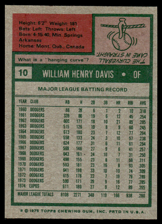1975 Topps Baseball #10 - Willie Davis - NM