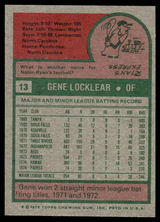 1975 Topps Baseball #13 - Gene Locklear RC - NM