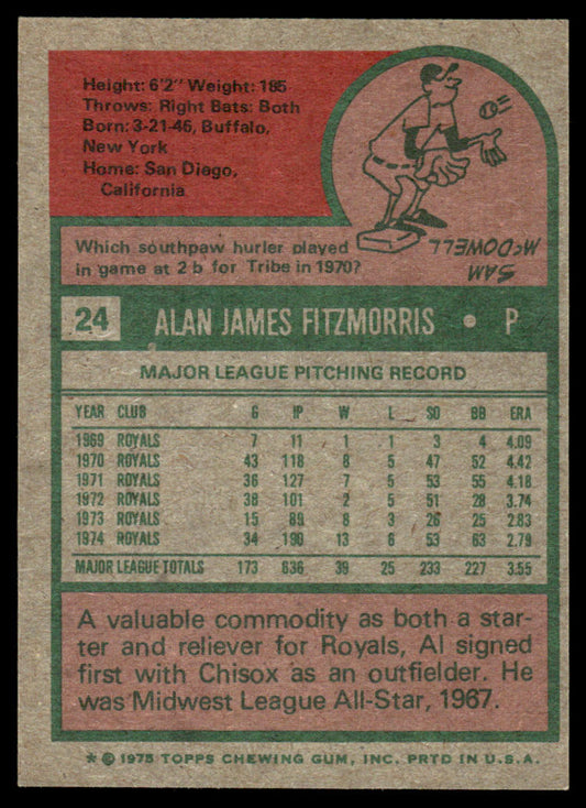 1975 Topps Baseball #24 - Al Fitzmorris - NM