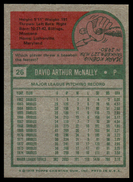 1975 Topps Baseball #26 - Dave McNally - NM