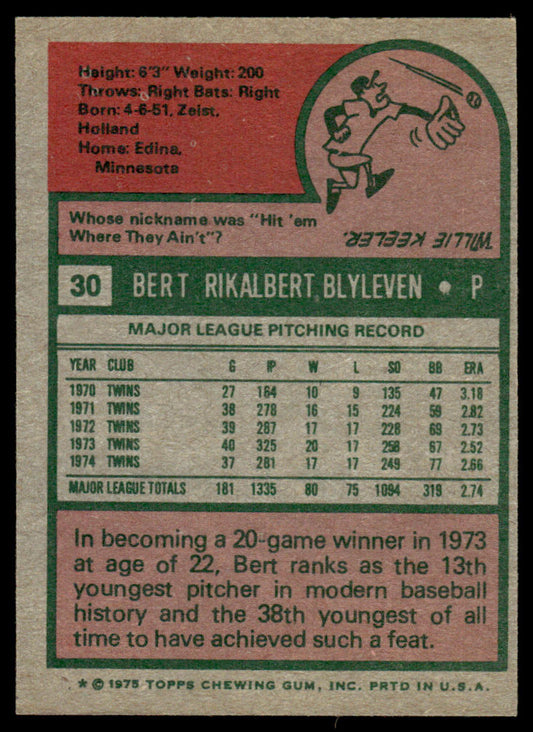 1975 Topps Baseball #30 - Bert Blyleven - EXMT