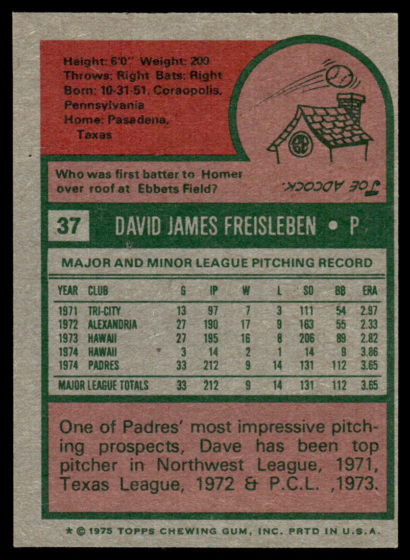 1975 Topps Baseball #37 - Dave Freisleben - NM