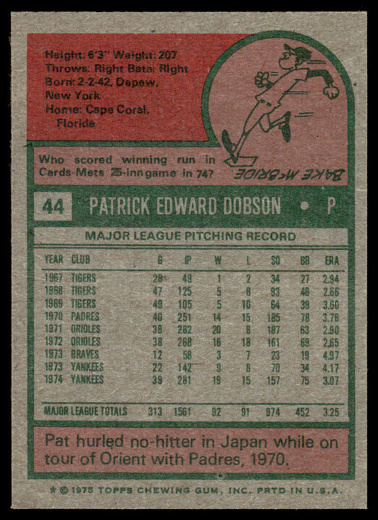 1975 Topps Baseball #44 - Pat Dobson - NM