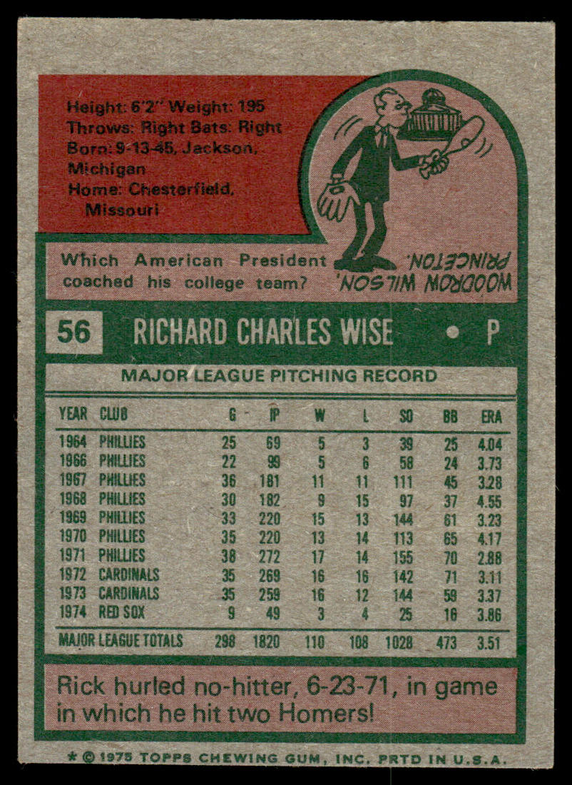1975 Topps Baseball #56 - Rick Wise - EXMT