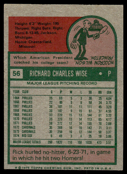 1975 Topps Baseball #56 - Rick Wise - EXMT