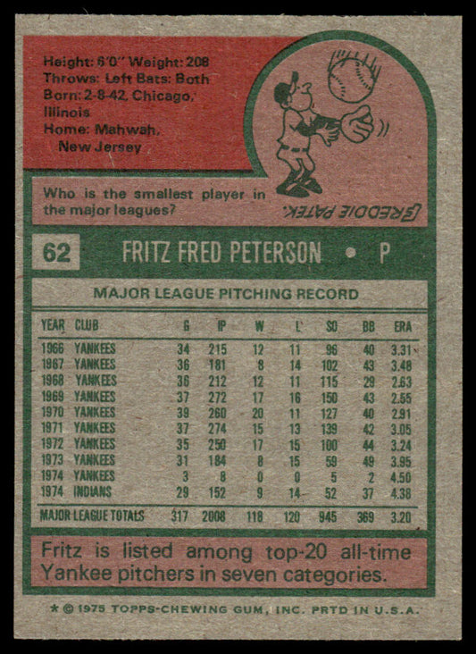 1975 Topps Baseball #62 - Fritz Peterson - NM