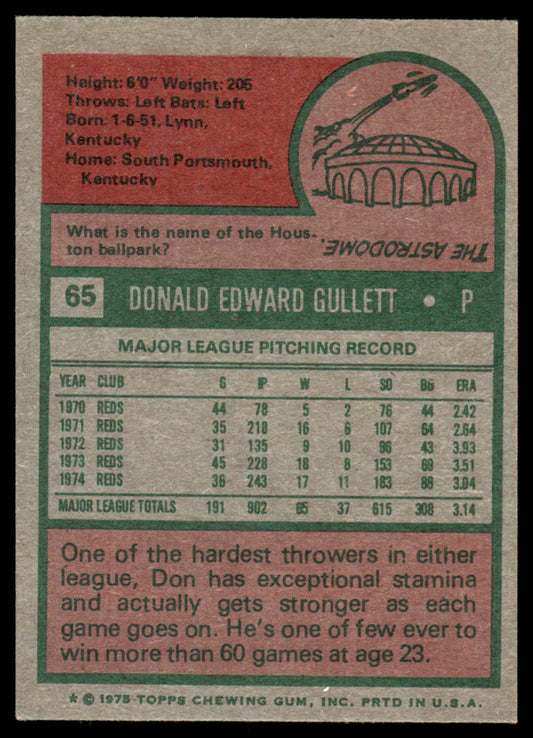 1975 Topps Baseball #65 - Don Gullett - EXMT