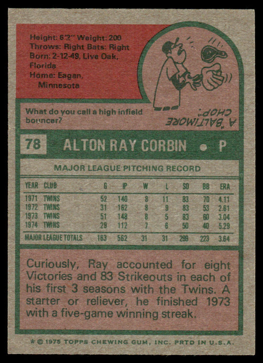 1975 Topps Baseball #78 - Ray Corbin - NM