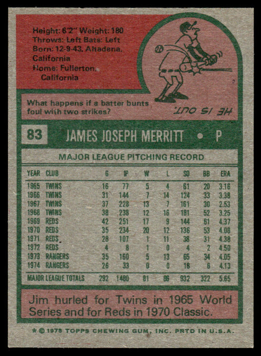 1975 Topps Baseball #83 - Jim Merritt - NM