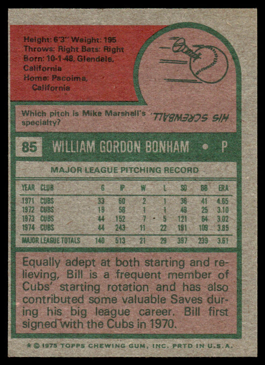 1975 Topps Baseball #85 - Bill Bonham - NM