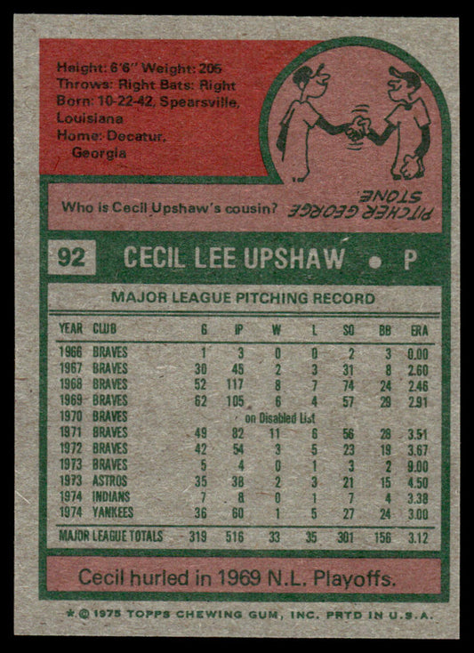 1975 Topps Baseball #92 - Cecil Upshaw - NM