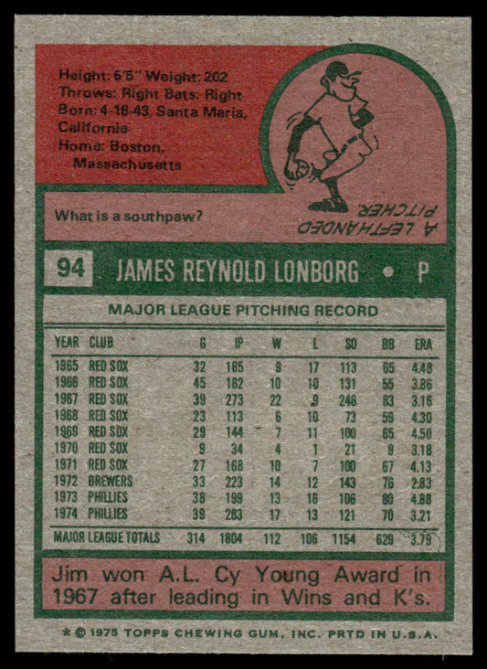 1975 Topps Baseball #94 - Jim Lonborg - NM
