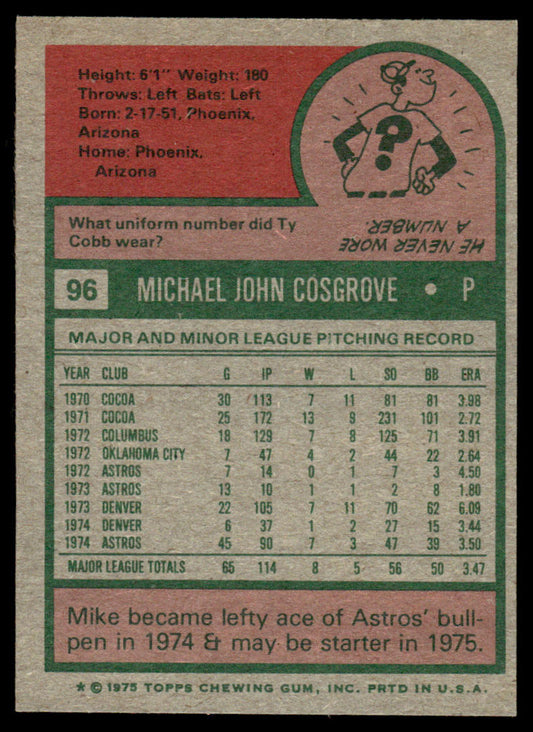 1975 Topps Baseball #96 - Mike Cosgrove RC - NM