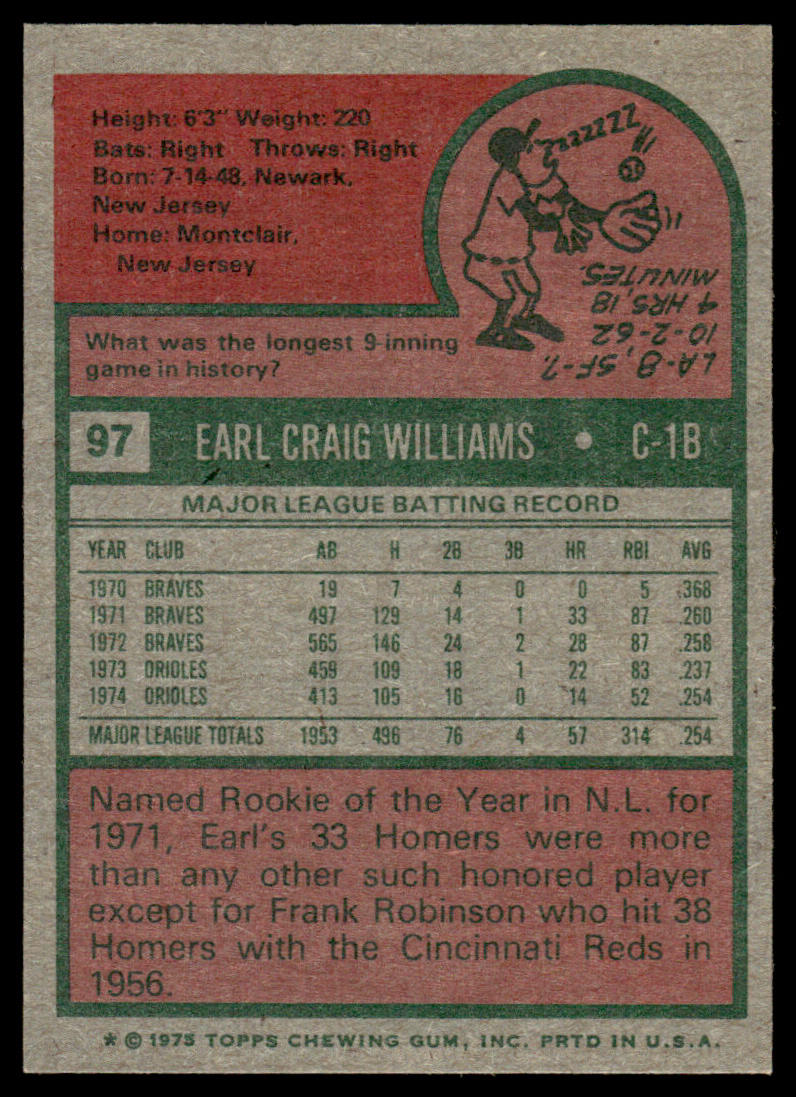 1975 Topps Baseball #97 - Earl Williams - NM
