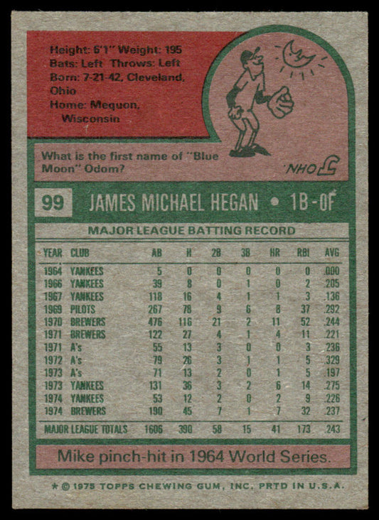 1975 Topps Baseball #99 - Mike Hegan - EXMT