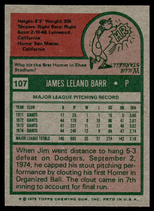 1975 Topps Baseball #107 - Jim Barr - NM