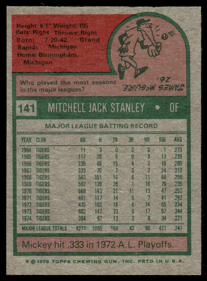 1975 Topps Baseball #141 - Mickey Stanley - NM