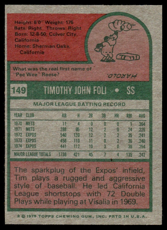 1975 Topps Baseball #149 - Tim Foli - NM