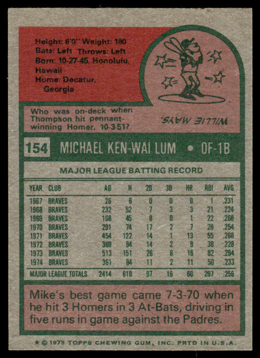 1975 Topps Baseball #154 - Mike Lum - NM