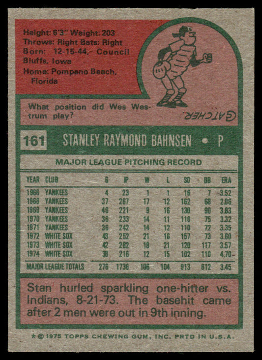 1975 Topps Baseball #161 - Stan Bahnsen - NM