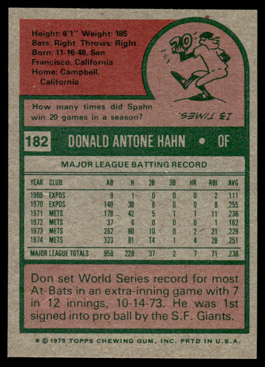 1975 Topps Baseball #182 - Don Hahn - NM