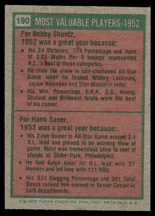 1975 Topps Baseball #190 - 1952 MVPs - Shantz/Sauer - NM