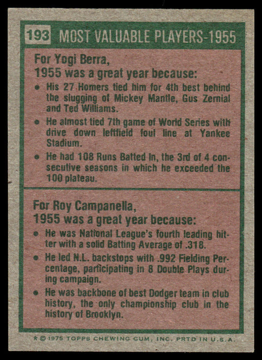 1975 Topps Baseball #193 - 1955 MVPs - Berra/Campanella - EXMT