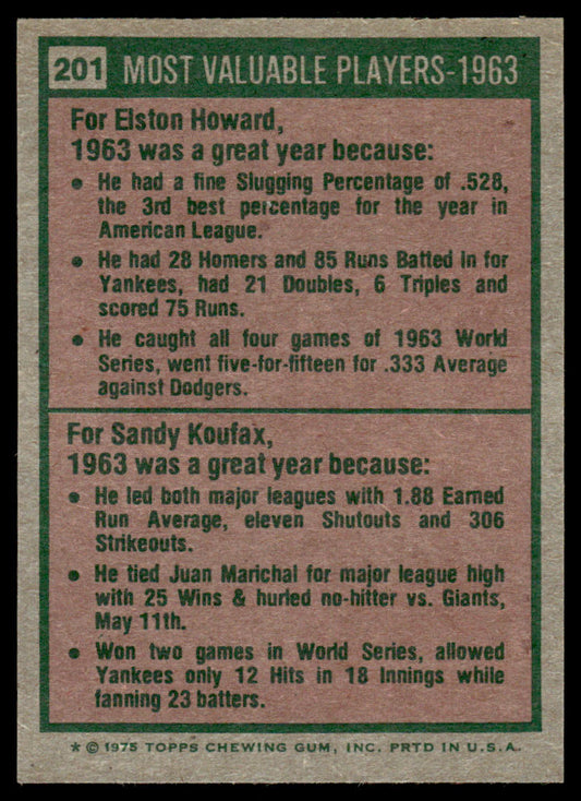 1975 Topps Baseball #201 - 1963 MVPs - Howard/Koufax - NM