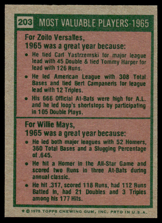 1975 Topps Baseball #203 - 1965 MVPs - Versalles/Mays - EXMT