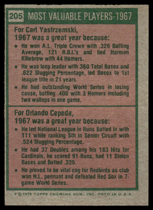 1975 Topps Baseball #205 - 1967 MVPs - Yastrzemski/Cepeda - NM