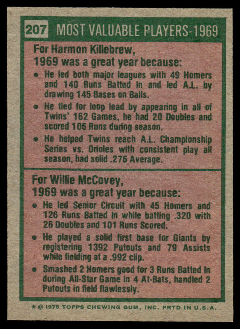 1975 Topps Baseball #207 - 1969 MVPs- Killebrew/McCovey - NM