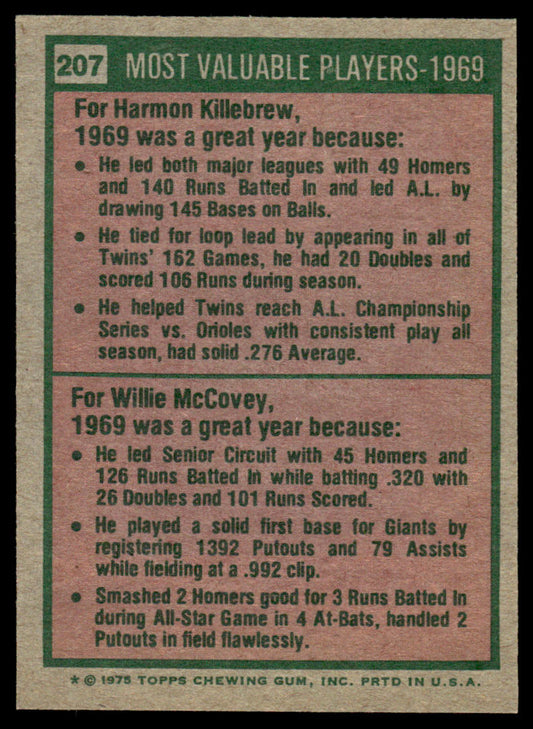 1975 Topps Baseball #207 - 1969 MVPs- Killebrew/McCovey - NM