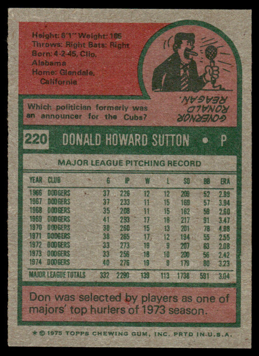 1975 Topps Baseball #220 - Don Sutton - EXMT