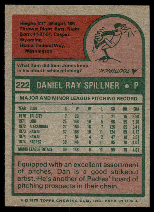 1975 Topps Baseball #222 - Dan Spillner RC - NM