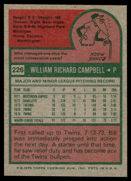 1975 Topps Baseball #226 - Bill Campbell - NM