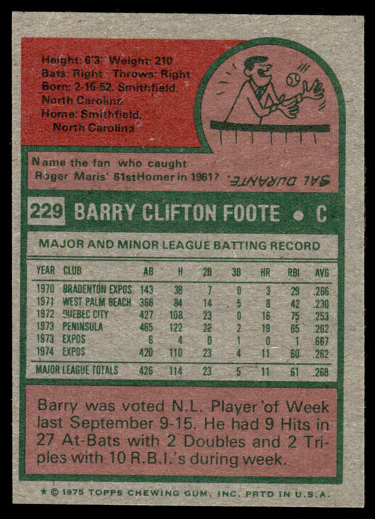 1975 Topps Baseball #229 - Barry Foote - NM