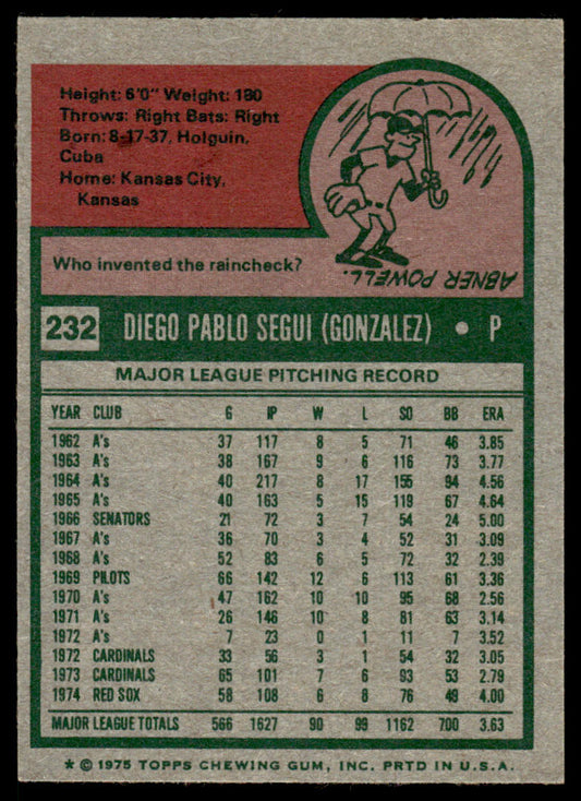 1975 Topps Baseball #232 - Diego Segui - NM