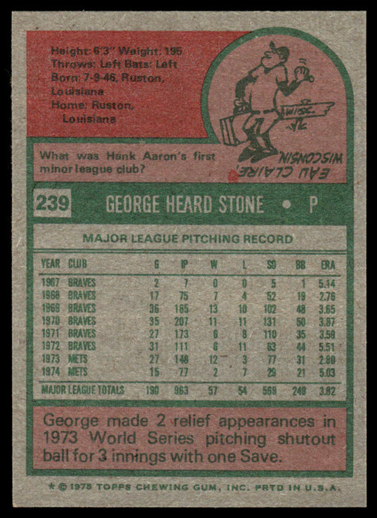 1975 Topps Baseball #239 - George Stone - NM